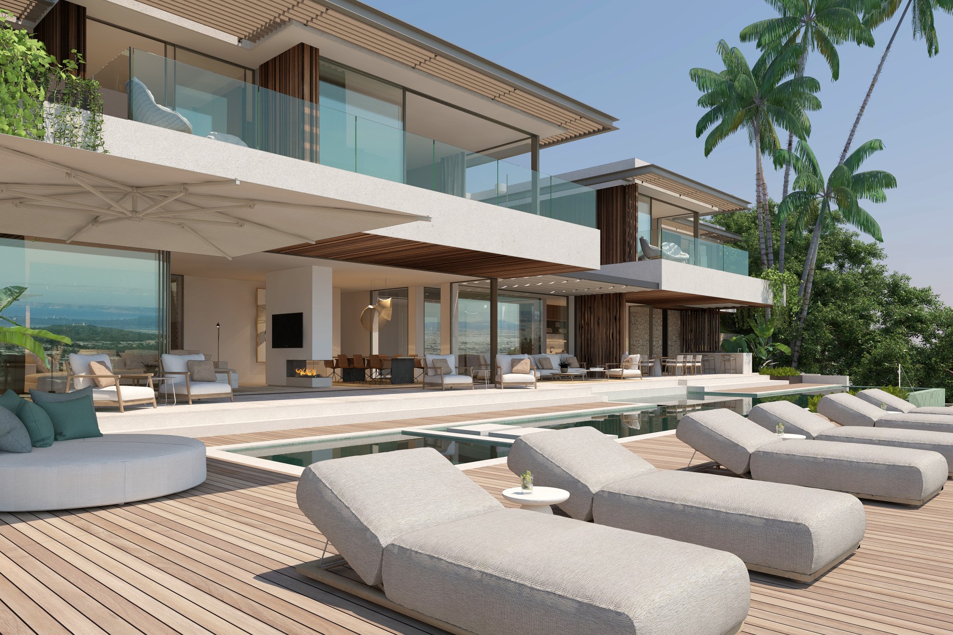 A spacious outdoor area with two saltwater pools invite to refresh and unwind